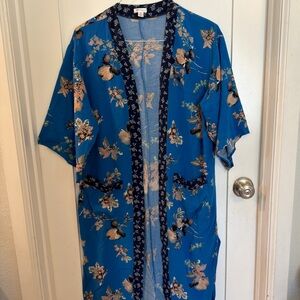 Xhilaration Blue Floral Kimono Cardigan with Navy Trim